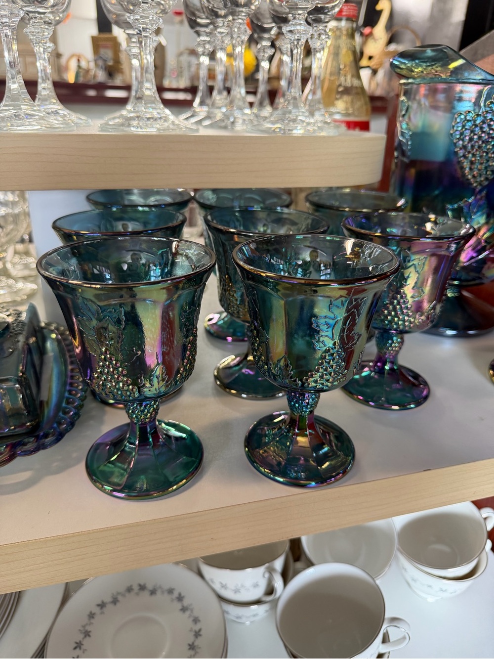 8 Iridescent Carnival Glass Goblet - Teal Blue